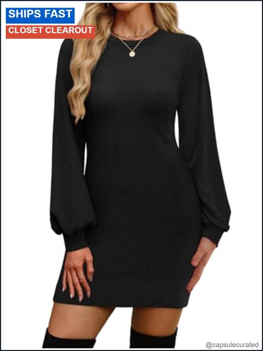 Puff Long Sleeve Crewneck Bodycon Sweater Dress Ribbed Midi